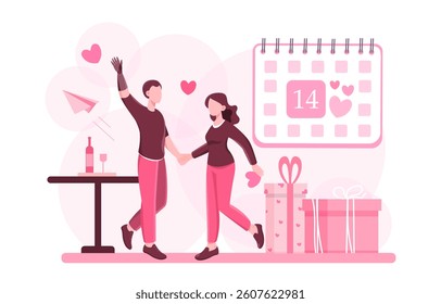 Couple holding hands near gifts and calendar showing February 14, with hearts and wine bottle, in flat style on white background. Concept of Valentine s Day. Vector illustration