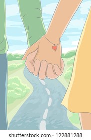 couple holding hands, on the background of road