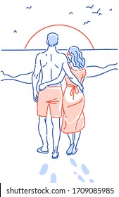 Couple holding hands on the beach going on the ocean hand drawn vector illustration. Lovers watch the sunset. View from the back