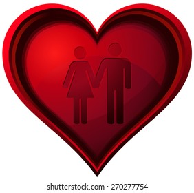 Couple holding Hands on a Red Glossy Heart, Vector Illustration isolated on White Background. 