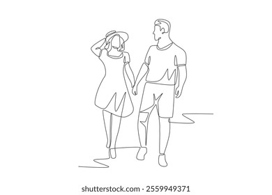 Couple holding hands on vacation. Romantic trips concept one-line drawing