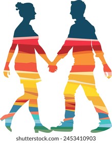 A couple holding hands in a rainbow colored background, hand made not AI.