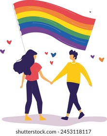 A couple holding hands and a rainbow flag, hand made not AI.