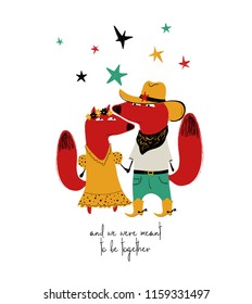 A couple of holding hands red foxes. Cowboy lovely fox. Love greeting card or wedding invitation.
