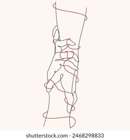 couple holding hands with red rope wrapped around  one line drawing. couple holding hands with red rope wrapped around  single line illustration. couple holding hands with red rope wrapped around  min