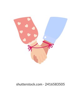 Couple holding hands with red thread of fate binding them as love concept. Valentine's day cartoon vector illustration isolated on white background. Detailed element for packaging, designs