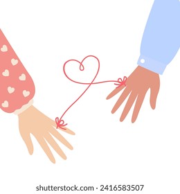 Couple holding hands with red thread of fate binding them as love concept. Valentine's day cartoon vector illustration isolated on white background. Detailed element for packaging, designs