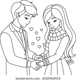 A couple is holding hands romantically coloring page. Valentine colouring book