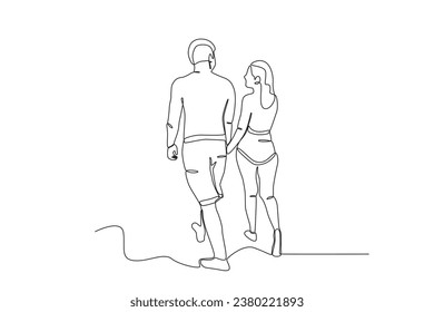 A couple holding hands romantically. Honeymoon one-line drawing