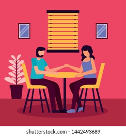 couple holding hands sitting table and chairs romantic activities flat design vector illustration