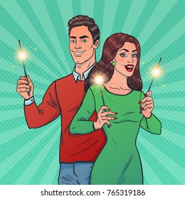 Couple holding in hands sparklers. Man and Woman look at camera and smiling. Vector illustration in pop art style. New Year theme.