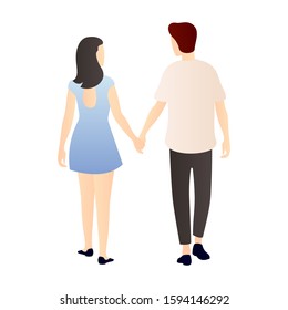 a couple holding hands stroll from back view. couple cartoon characters. romantic couple relationship in flat vector illustration.