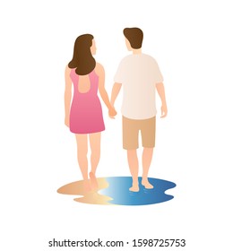 a couple holding hands stroll from back view at the beach. outdoor romantic couple scenes. romantic couple relationship in flat vector illustration. 