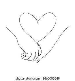 Couple holding hands together with heart symbol between. Love feelings. Vector illustration in continuous line art drawing style