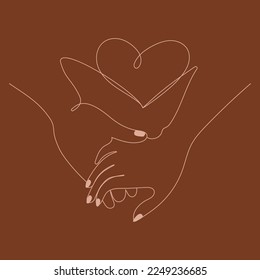 Couple holding hands together with heart,One line design vector illustration.Romantic poster,print emblem template in boho style.Male and female hand touch Continuous line drawing,minimalistic design.