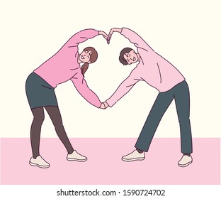 A couple is holding hands together to make a heart shape. hand drawn style vector design illustrations. 