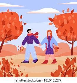 Couple holding hands walking in autumn park collecting red leaves. Man and woman take a walk in cold forest, flat cartoon vector illustration background