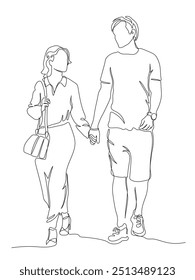 Pareja tomada de la mano y caminando. Hombre y mujer mirándose. Use pantalones cortos y vestido. Dibujo continuo de una línea. Vector en estilo de arte de línea.