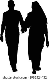 Couple holding hands and walking on road silhouette vector