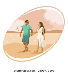 Pareja tomada de la mano caminando en una playa de arena, Ilustración vectorial, contra un fondo de color pastel. Concepto de amor y vacaciones. Ilustración vectorial