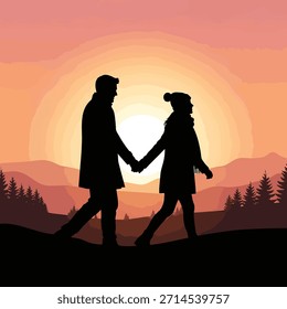 Couple holding hands walking at sunset silhouette Keywords: couple, silhouette, walking, holding