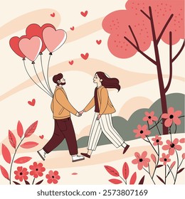 A couple holding hands and walking through a park filled