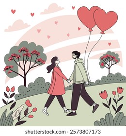 A couple holding hands and walking through a park filled