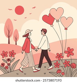 A couple holding hands and walking through a park filled