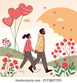 A couple holding hands and walking through a park filled
