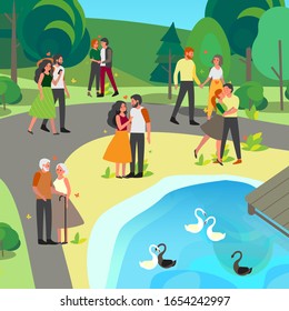 Couple holding hands and walking together in the park. Woman and man are in love. Lovers spending time together. Isolated flat vector illustration