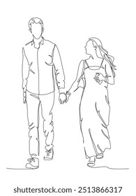 Couple holding hands and walking. Woman in long dress holding phone. Continuous one line drawing. Black and white vector in line art style. 