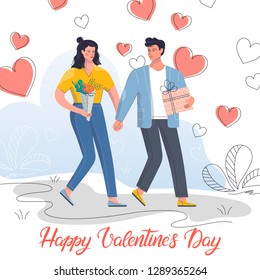 Couple holding hands and walking.Cute cartoon characters.Romantic illustration perfect for greeting cards, prints,flyers,posters,holiday invitations and more.Valentines day card concept.Time together.