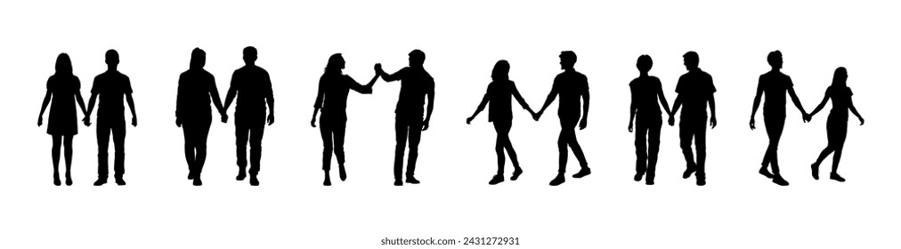 Couple holding hands while walking isolated vector silhouette set.	