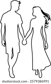 Couple holding hands while walking together. Contour drawing in black color. This silhouette style illustration conveys themes of love, companionship, romance and emotional connection, making it perfe