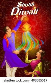 Couple holding hanging kandil lantern lamp for Happy Diwali night celebrating holiday of India. Vector illustration