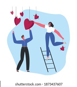 Couple holding hearts, valentine's day card,february 14, romantic love, valentines day greeting card, poster, pair collaboration decoration of office or home, create love, love story, flat love, heart