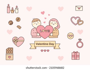 Couple Holding Hearts. Valentine's Day Icons Are All Around. Flat Design Style Vector Illustration.