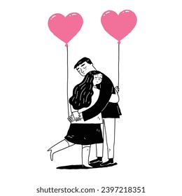 Couple holding heart-shaped balloons hugging each other. Hand drawing vector illustration line art doodle style.