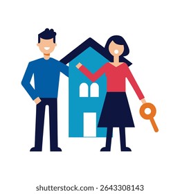Couple Holding House Key Beside New Home