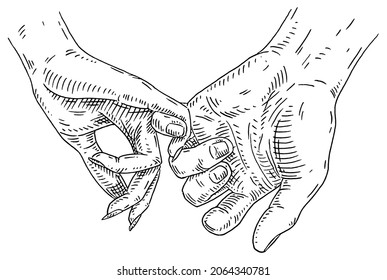 Couple holding little fingers. Black vintage vector engraving illustration isolated on a white background. For poster valentines day