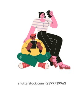 Couple holding mobile phones. Young man and woman using smartphones, scrolling social media, texting online. Characters with cellphones in hands. Flat vector illustration isolated on white background