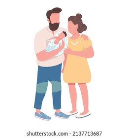 Couple Holding Newborn Baby Semi Flat Color Vector Characters. Standing Figures. Full Body People On White. After Childbirth Simple Cartoon Style Illustration For Web Graphic Design And Animation