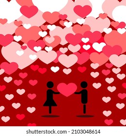 Couple holding a pink heart on a dark red background full of hearts of various sizes and colors. 