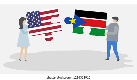 Couple holding puzzle pieces with American and Sudanese flags. United States of America and South Sudan flags.