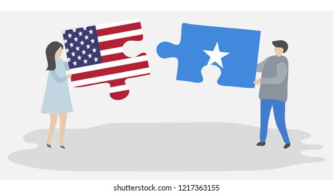 Couple Holding Puzzle Pieces With American And Somali Flags. United States Of America And Somalia Flags Together.