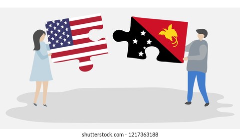 Couple holding puzzle pieces with American and Papua New Guinean flags. United states of America and Papua New Guinea flags together.