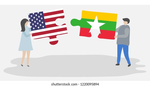 Couple holding puzzle pieces with American and Myanma flags. United States of America and Myanmar together.