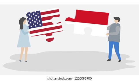 Couple holding puzzle pieces with American and Monacan flags. United States of America and Monaco together.