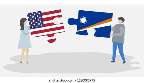 Couple holding puzzle pieces with American and Marshallese flags. United States of America and Marshall Islands together.