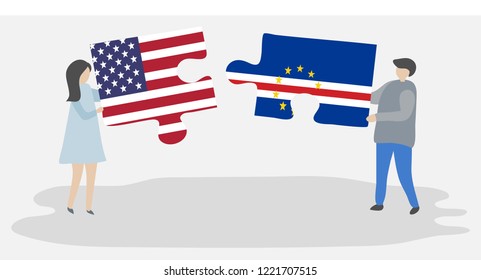 Couple holding puzzle pieces with American and Cabo Verdean flags. United States of America and Cabo Verde together.